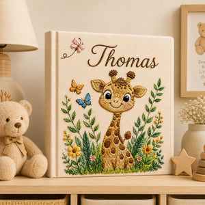 Personalized Embroidered Safari Giraffe Baby Photo Album, Custom Name Giraffe Jungle Animal Nursery Keepsake Book Album, Baby Shower Gift Boy