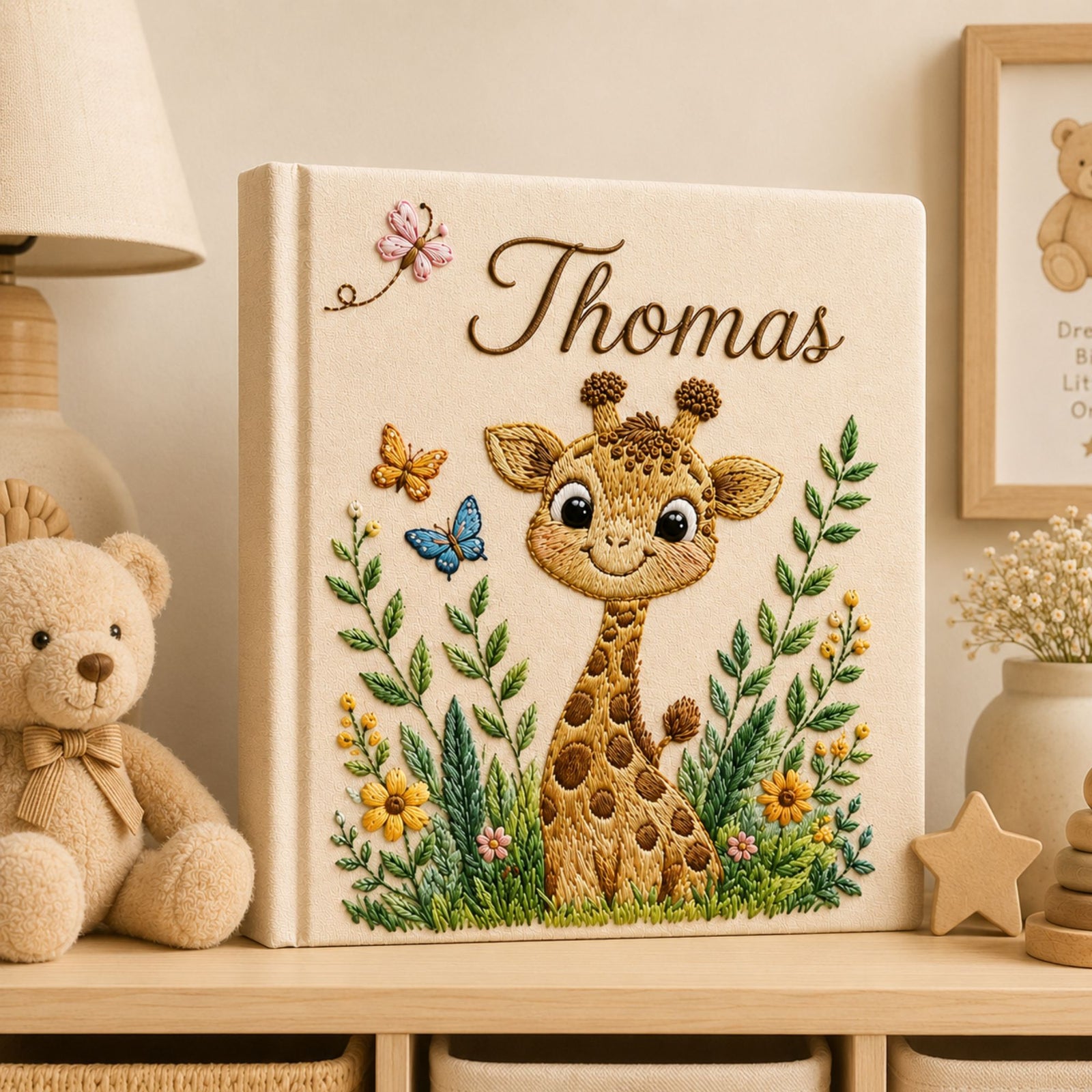 Personalized Embroidered Safari Giraffe Baby Photo Album, Custom Name Giraffe Jungle Animal Nursery Keepsake Book Album, Baby Shower Gift Boy