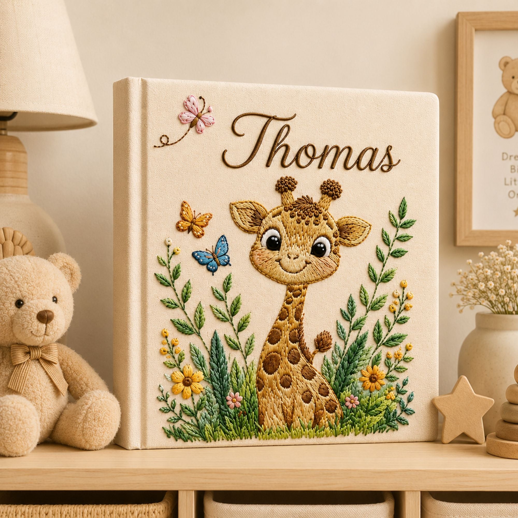 Personalized Embroidered Safari Giraffe Baby Photo Album, Custom Name Giraffe Jungle Animal Nursery Keepsake Book Album, Baby Shower Gift Boy