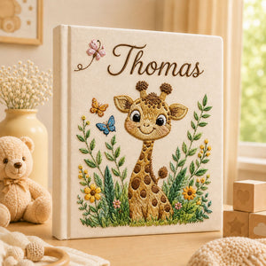 Personalized Embroidered Safari Giraffe Baby Photo Album, Custom Name Giraffe Jungle Animal Nursery Keepsake Book Album, Baby Shower Gift Boy