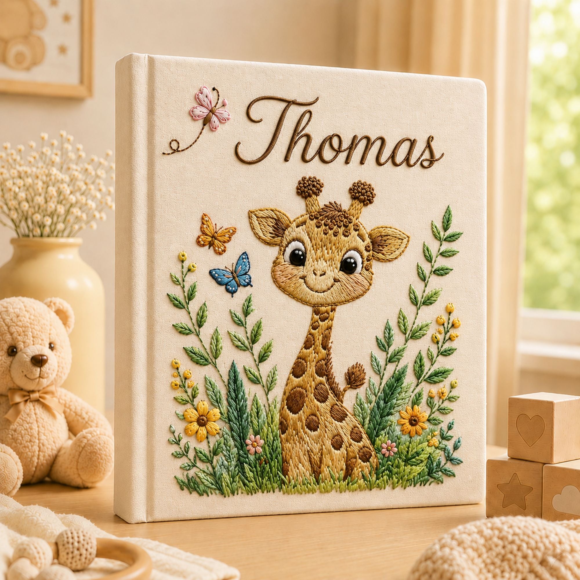 Personalized Embroidered Safari Giraffe Baby Photo Album, Custom Name Giraffe Jungle Animal Nursery Keepsake Book Album, Baby Shower Gift Boy