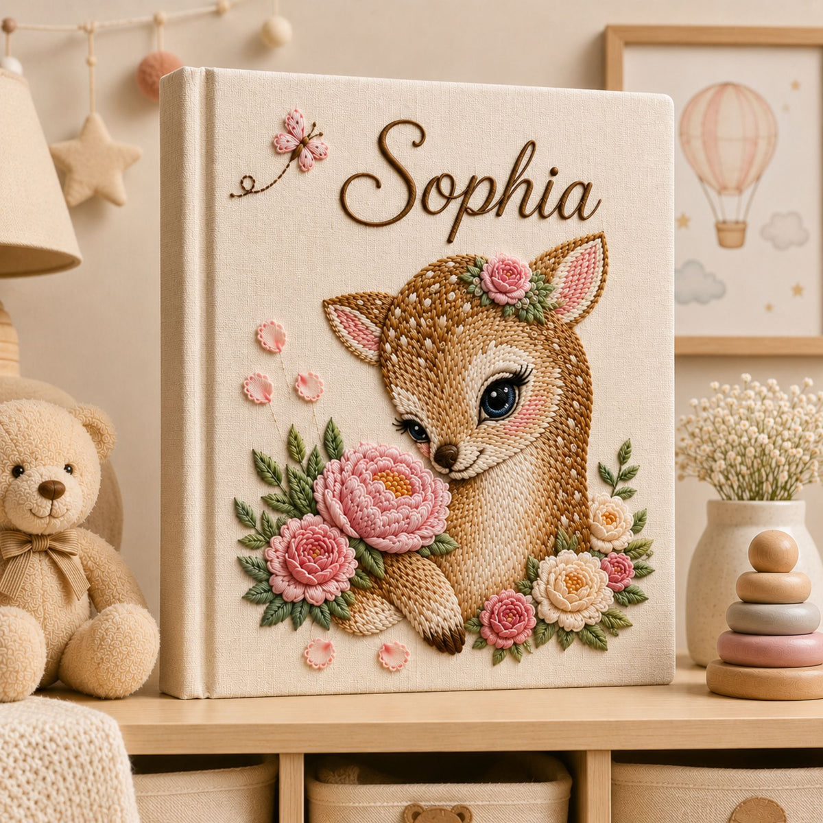Personalized Embroidered Floral Deer Baby Photo Album, Custom Name Floral Woodland Nursery Keepsake Book Album, Baby Shower Gift