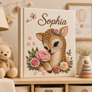 Personalized Embroidered Floral Deer Baby Photo Album, Custom Name Floral Woodland Nursery Keepsake Book Album, Baby Shower Gift