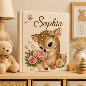 Personalized Embroidered Floral Deer Baby Photo Album, Custom Name Floral Woodland Nursery Keepsake Book Album, Baby Shower Gift