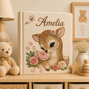 Personalized Embroidered Floral Deer Baby Photo Album, Custom Name Floral Woodland Nursery Keepsake Book Album, Baby Shower Gift