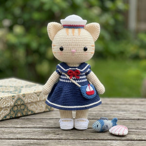 Crochet Sailor Cat Doll Handmade Amigurumi Kitten Plush with Navy Dress, Sweet Nursery Gifts, Sizes 4-12 Inches Soft Toy for Kids Room Decor