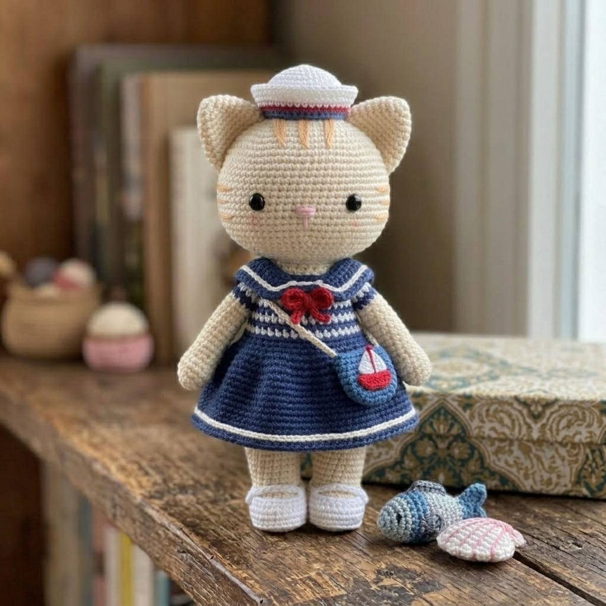 Crochet Sailor Cat Doll Handmade Amigurumi Kitten Plush with Navy Dress, Sweet Nursery Gifts, Sizes 4-12 Inches Soft Toy for Kids Room Decor