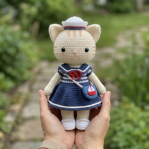 Crochet Sailor Cat Doll Handmade Amigurumi Kitten Plush with Navy Dress, Sweet Nursery Gifts, Sizes 4-12 Inches Soft Toy for Kids Room Decor