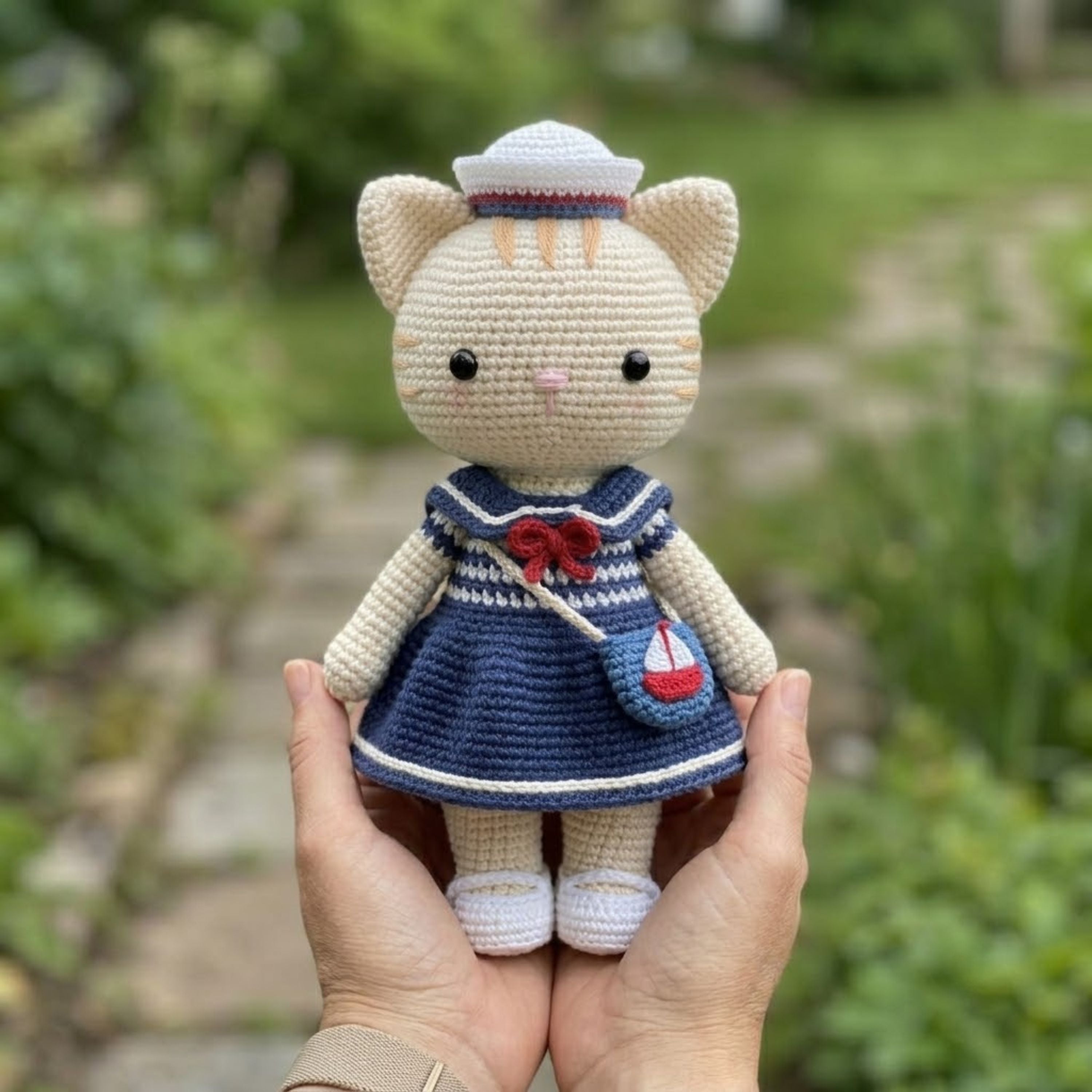 Crochet Sailor Cat Doll Handmade Amigurumi Kitten Plush with Navy Dress, Sweet Nursery Gifts, Sizes 4-12 Inches Soft Toy for Kids Room Decor