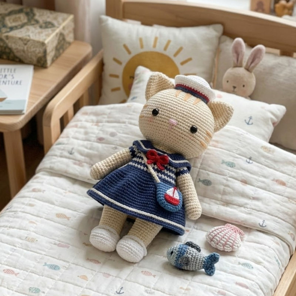 Crochet Sailor Cat Doll Handmade Amigurumi Kitten Plush with Navy Dress, Sweet Nursery Gifts, Sizes 4-12 Inches Soft Toy for Kids Room Decor