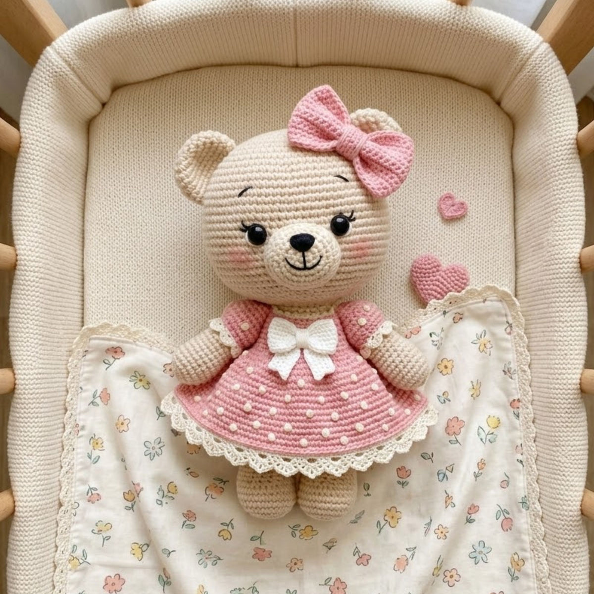 Crochet Teddy Bear Doll Handmade Amigurumi Bear Plush with Pink Dress Bow, Cute Nursery Baby Shower Gift, Sizes 4-12 Inches Soft Toy for Kid