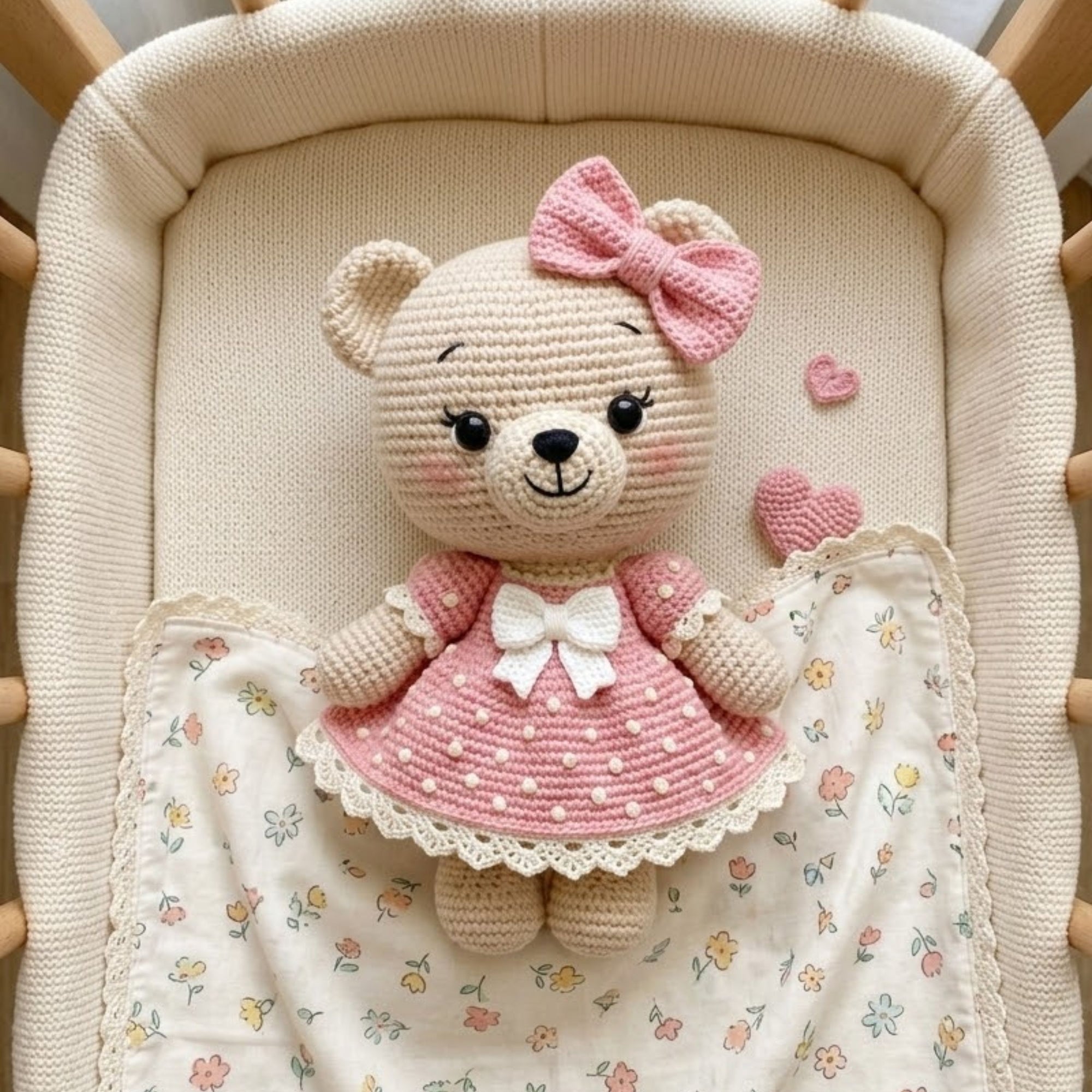 Crochet Teddy Bear Doll Handmade Amigurumi Bear Plush with Pink Dress Bow, Cute Nursery Baby Shower Gift, Sizes 4-12 Inches Soft Toy for Kid
