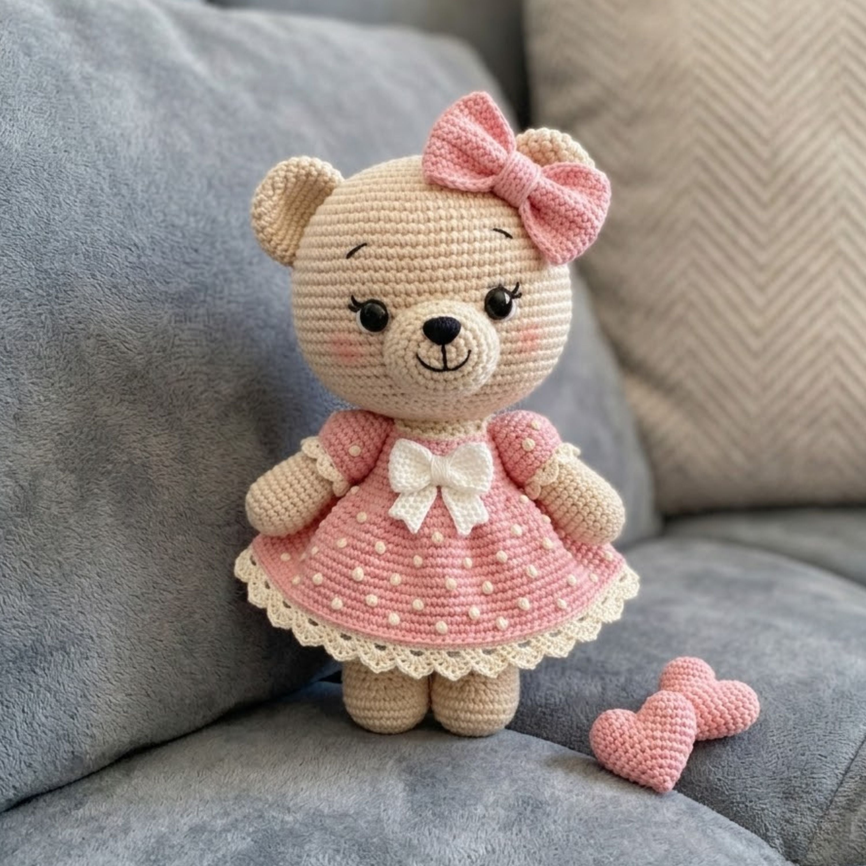 Crochet Teddy Bear Doll Handmade Amigurumi Bear Plush with Pink Dress Bow, Cute Nursery Baby Shower Gift, Sizes 4-12 Inches Soft Toy for Kid