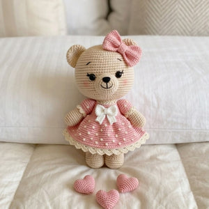 Crochet Teddy Bear Doll Handmade Amigurumi Bear Plush with Pink Dress Bow, Cute Nursery Baby Shower Gift, Sizes 4-12 Inches Soft Toy for Kid