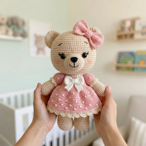 Crochet Teddy Bear Doll Handmade Amigurumi Bear Plush with Pink Dress Bow, Cute Nursery Baby Shower Gift, Sizes 4-12 Inches Soft Toy for Kid