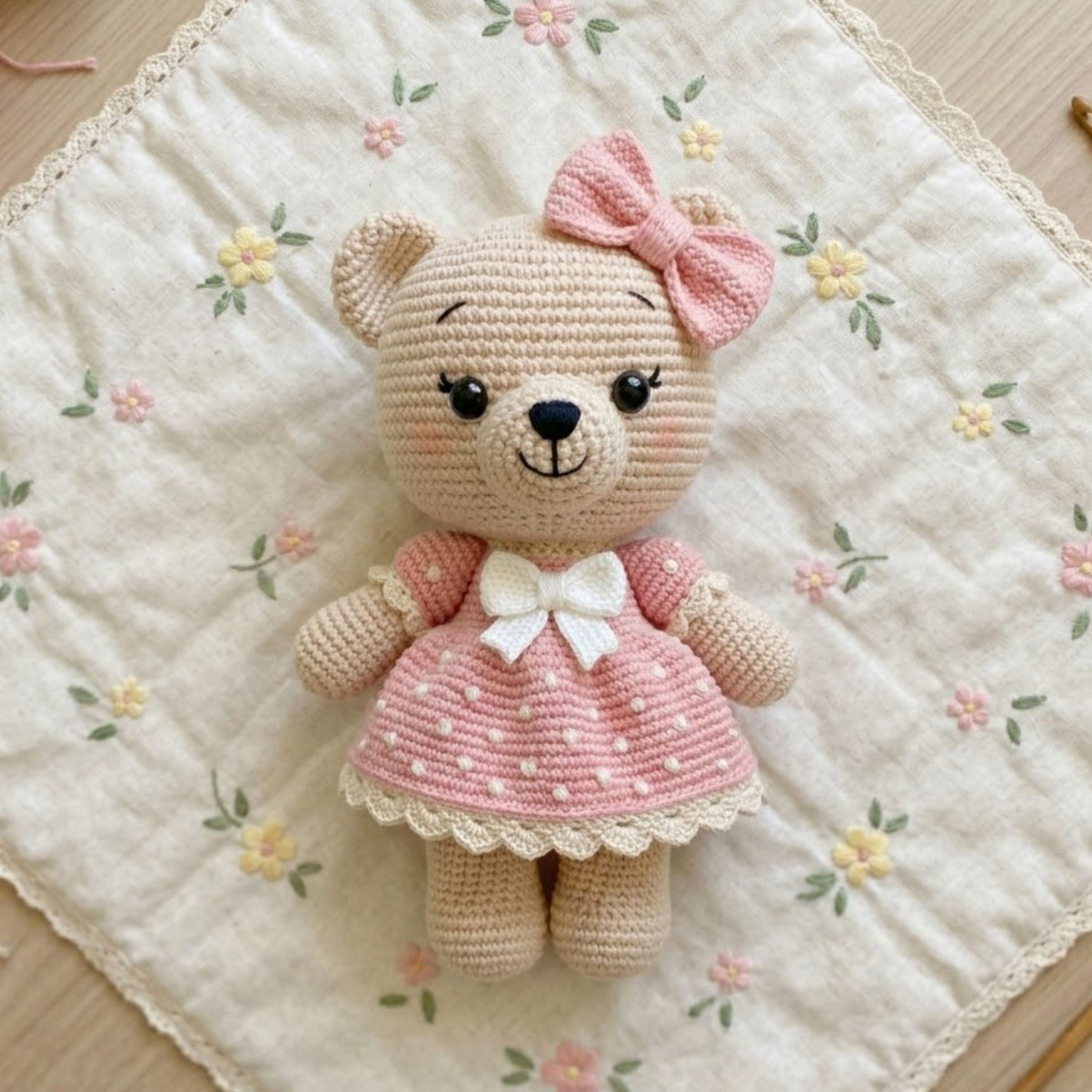 Crochet Teddy Bear Doll Handmade Amigurumi Bear Plush with Pink Dress Bow, Cute Nursery Baby Shower Gift, Sizes 4-12 Inches Soft Toy for Kid
