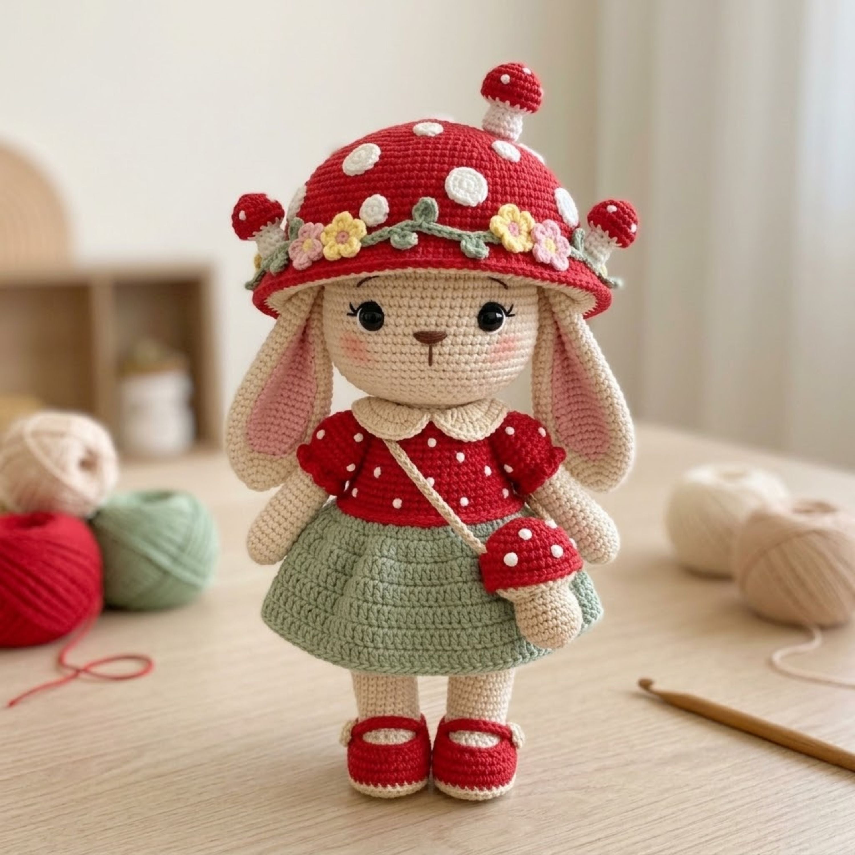 Crochet Mushroom Bunny Doll Handmade Amigurumi Rabbit Plush with Red Toadstool Hat, Cute Nursery Baby Gift Sizes 4-12 Inches Kids Room Decor