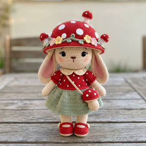 Crochet Mushroom Bunny Doll Handmade Amigurumi Rabbit Plush with Red Toadstool Hat, Cute Nursery Baby Gift Sizes 4-12 Inches Kids Room Decor