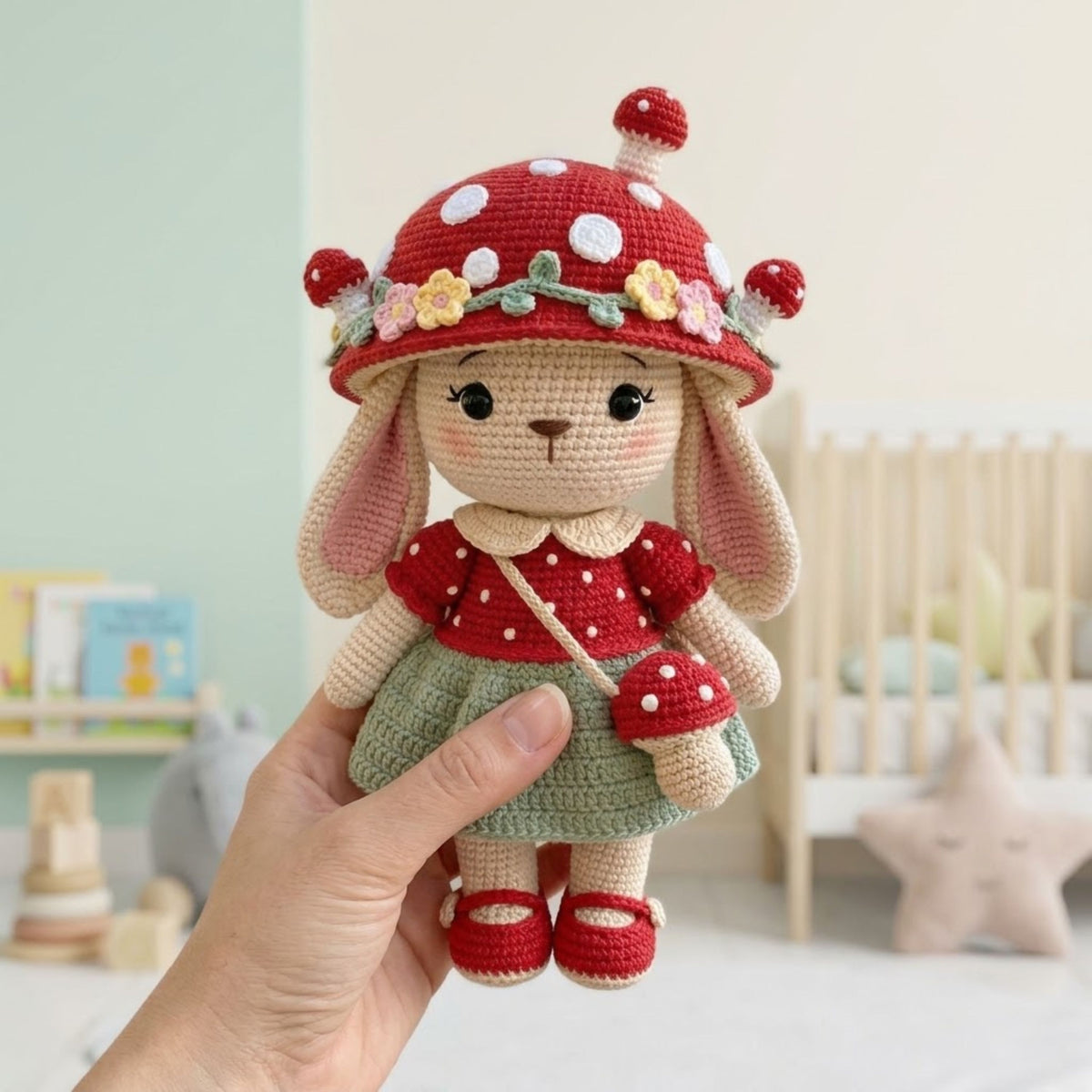 Crochet Mushroom Bunny Doll Handmade Amigurumi Rabbit Plush with Red Toadstool Hat, Cute Nursery Baby Gift Sizes 4-12 Inches Kids Room Decor