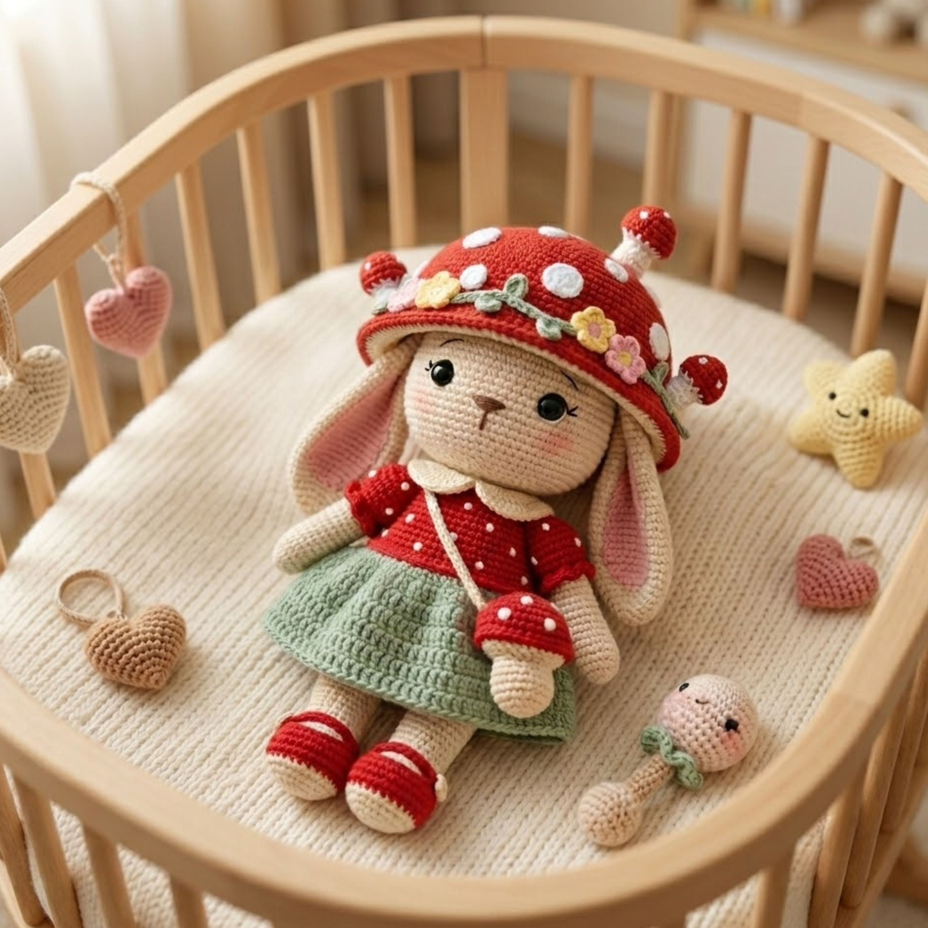 Crochet Mushroom Bunny Doll Handmade Amigurumi Rabbit Plush with Red Toadstool Hat, Cute Nursery Baby Gift Sizes 4-12 Inches Kids Room Decor