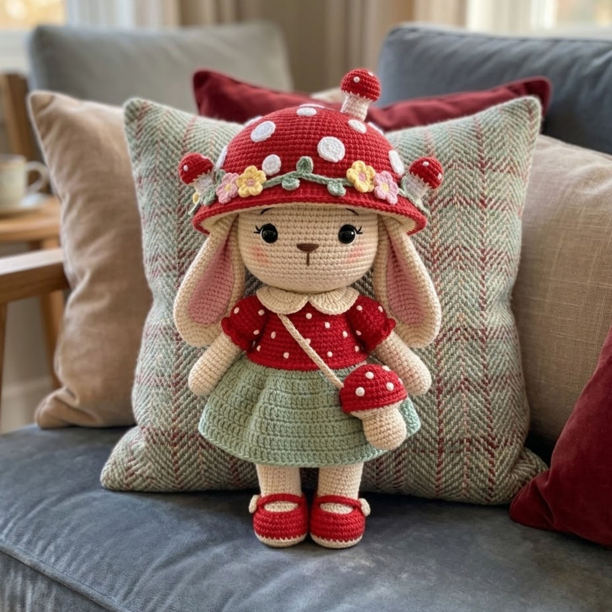 Crochet Mushroom Bunny Doll Handmade Amigurumi Rabbit Plush with Red Toadstool Hat, Cute Nursery Baby Gift Sizes 4-12 Inches Kids Room Decor