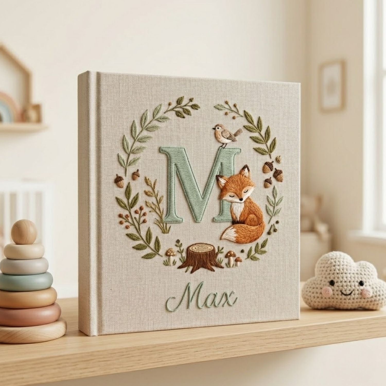 Personalized Baby Photo Album, Hand Embroidered Dinosaur Memory Book, Custom Name Keepsake, Woodland Nursery Gift, Newborn, Baby Shower Gift