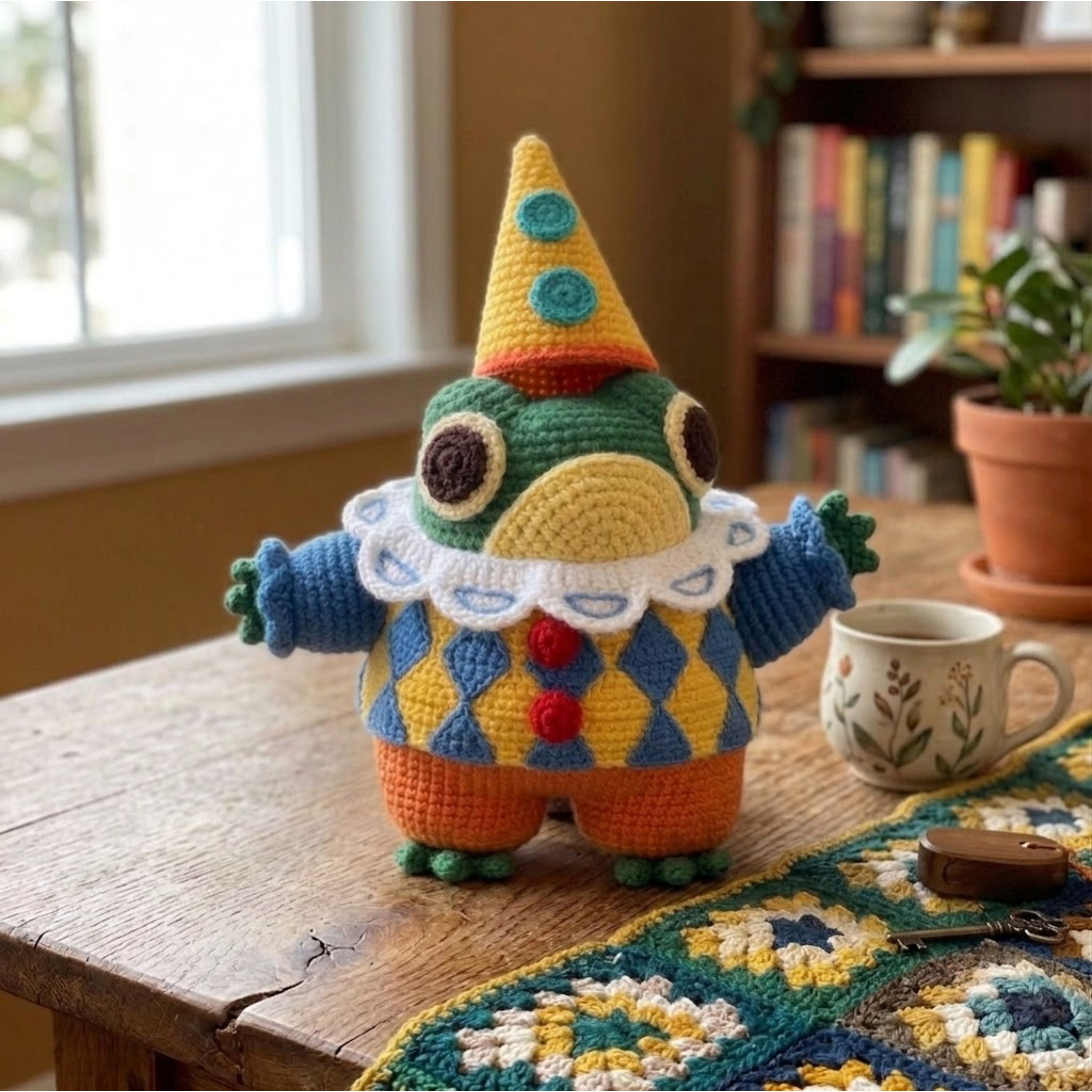 Crochet Clown Frog Doll Handmade Amigurumi Plush with Party Hat, Cute Circus Nursery Decor Gift, Sizes 4-12 Inches Soft Toy Kids Room Decor