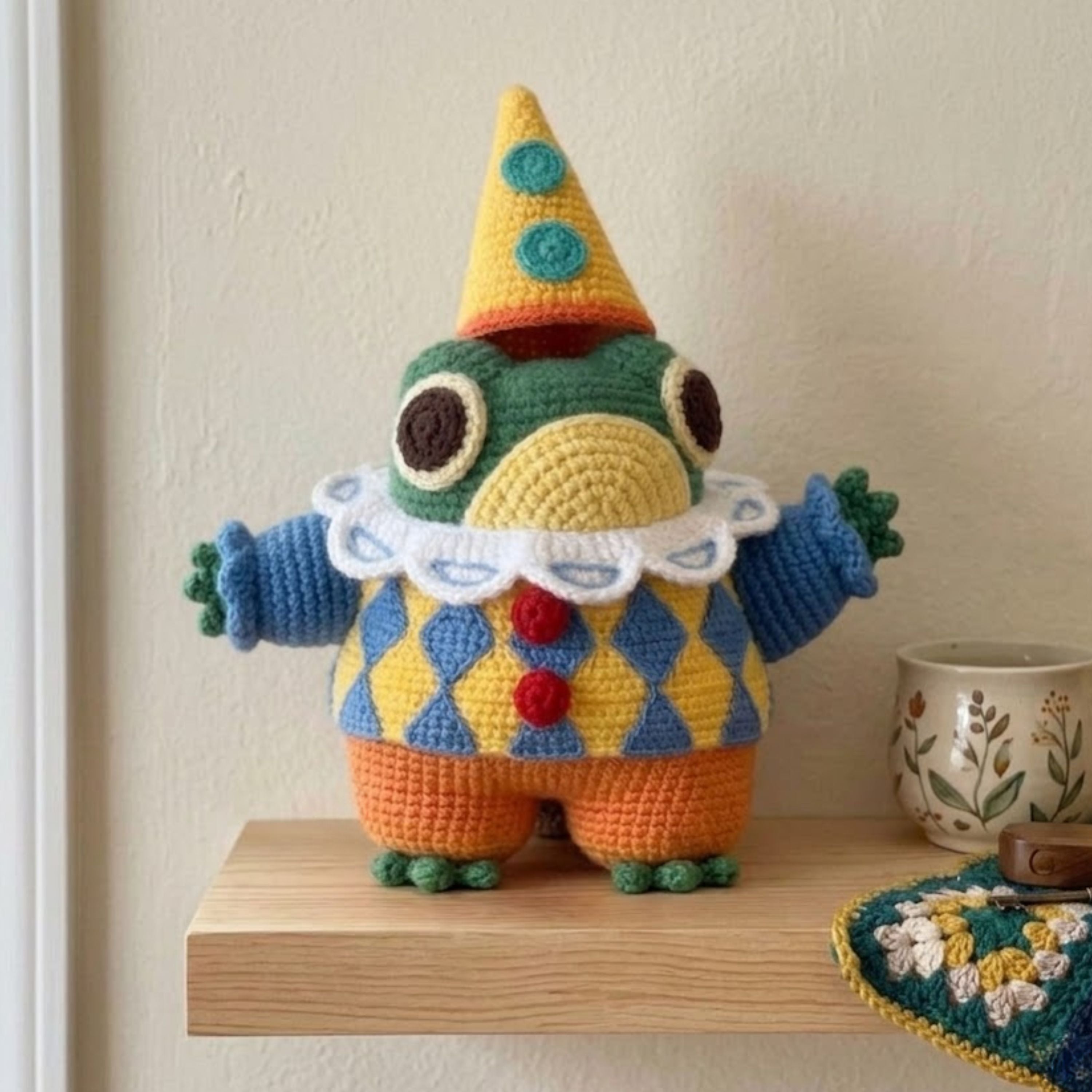 Crochet Clown Frog Doll Handmade Amigurumi Plush with Party Hat, Cute Circus Nursery Decor Gift, Sizes 4-12 Inches Soft Toy Kids Room Decor