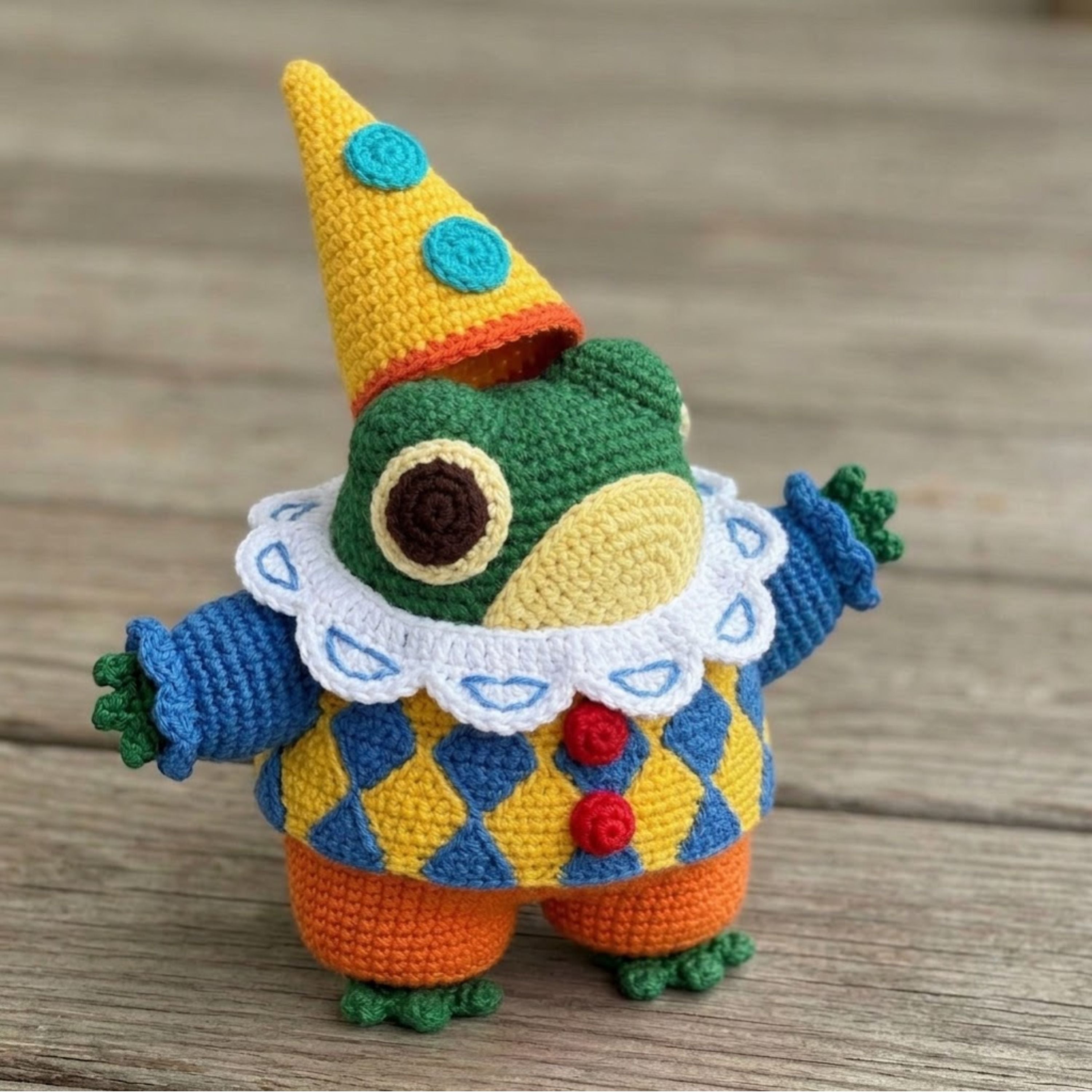 Crochet Clown Frog Doll Handmade Amigurumi Plush with Party Hat, Cute Circus Nursery Decor Gift, Sizes 4-12 Inches Soft Toy Kids Room Decor