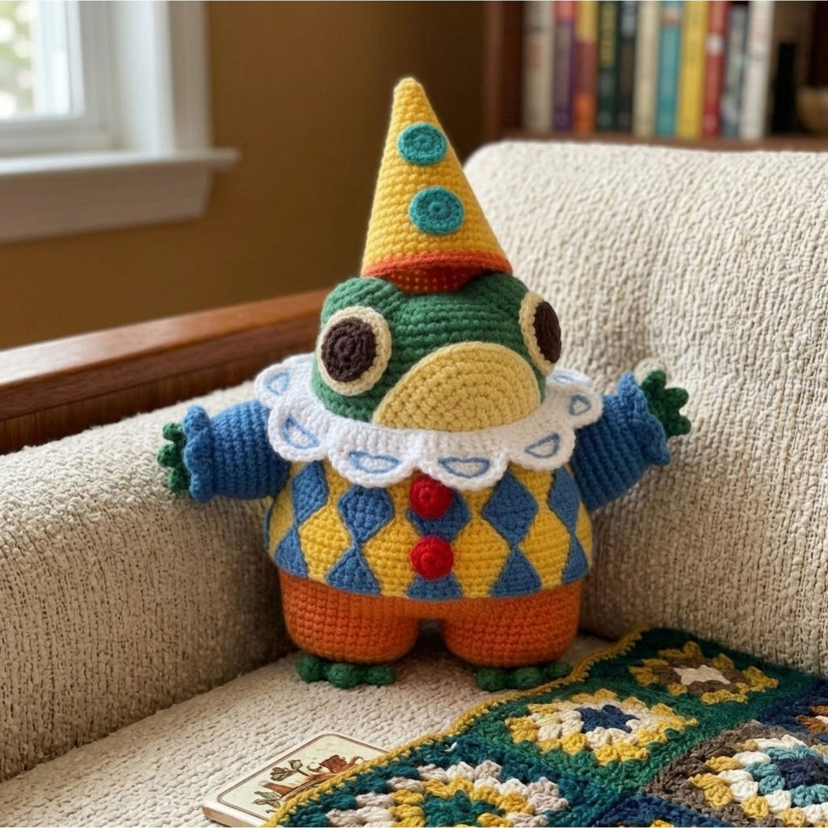 Crochet Clown Frog Doll Handmade Amigurumi Plush with Party Hat, Cute Circus Nursery Decor Gift, Sizes 4-12 Inches Soft Toy Kids Room Decor