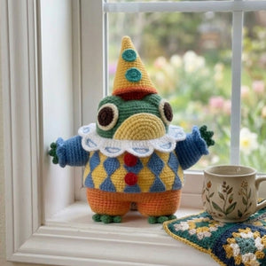 Crochet Clown Frog Doll Handmade Amigurumi Plush with Party Hat, Cute Circus Nursery Decor Gift, Sizes 4-12 Inches Soft Toy Kids Room Decor