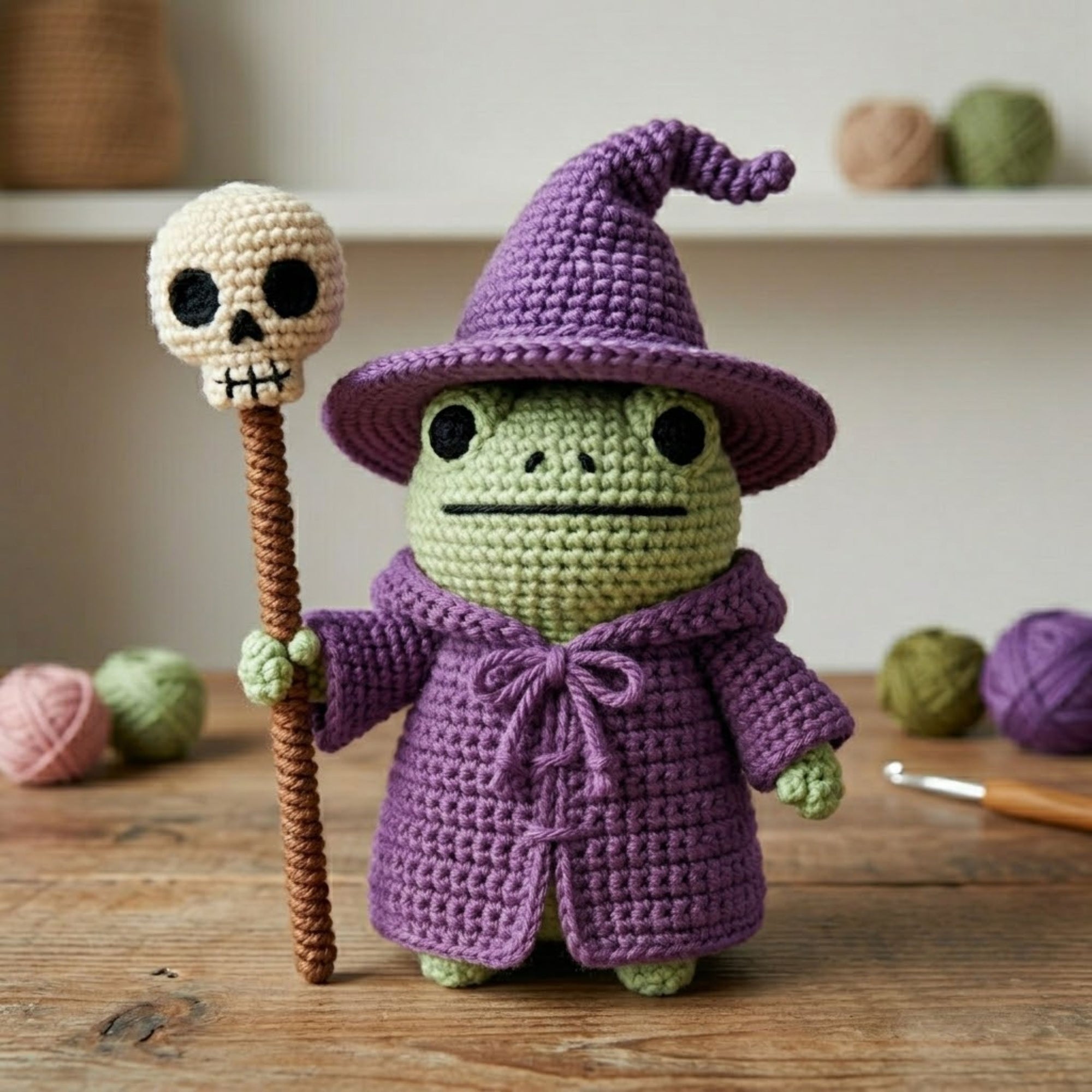 Crochet Wizard Frog Doll Handmade Amigurumi Plush with Purple Witch Hat, Cute Halloween Decor Gift, Sizes 4-12 Inches Soft Toy for Kids Room