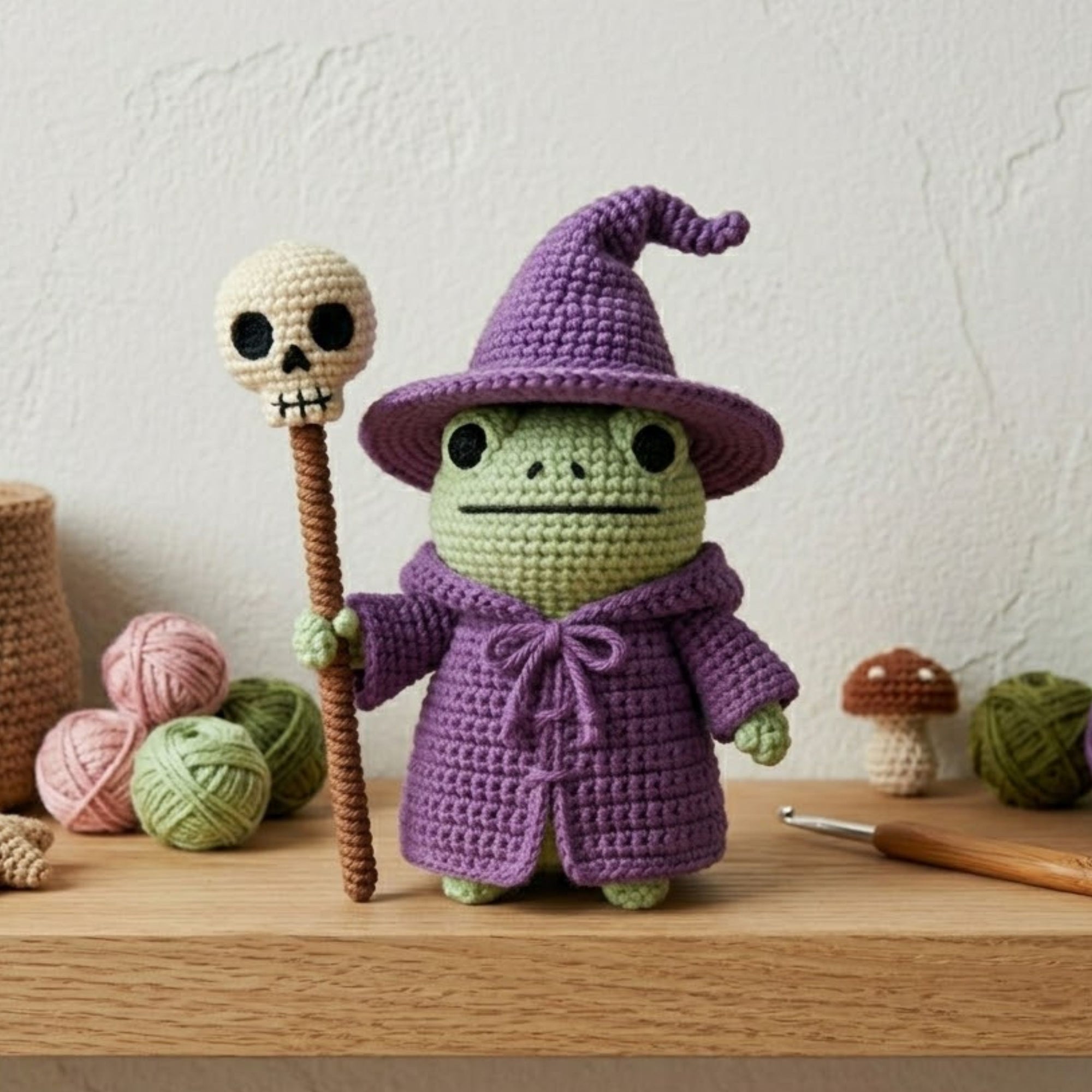 Crochet Wizard Frog Doll Handmade Amigurumi Plush with Purple Witch Hat, Cute Halloween Decor Gift, Sizes 4-12 Inches Soft Toy for Kids Room