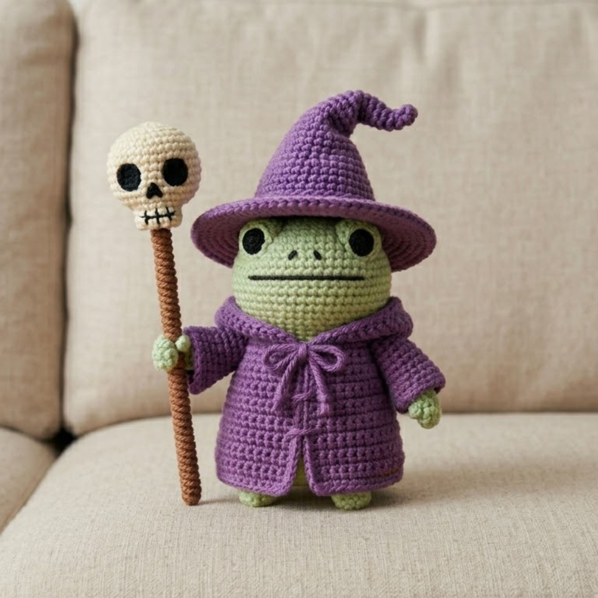 Crochet Wizard Frog Doll Handmade Amigurumi Plush with Purple Witch Hat, Cute Halloween Decor Gift, Sizes 4-12 Inches Soft Toy for Kids Room