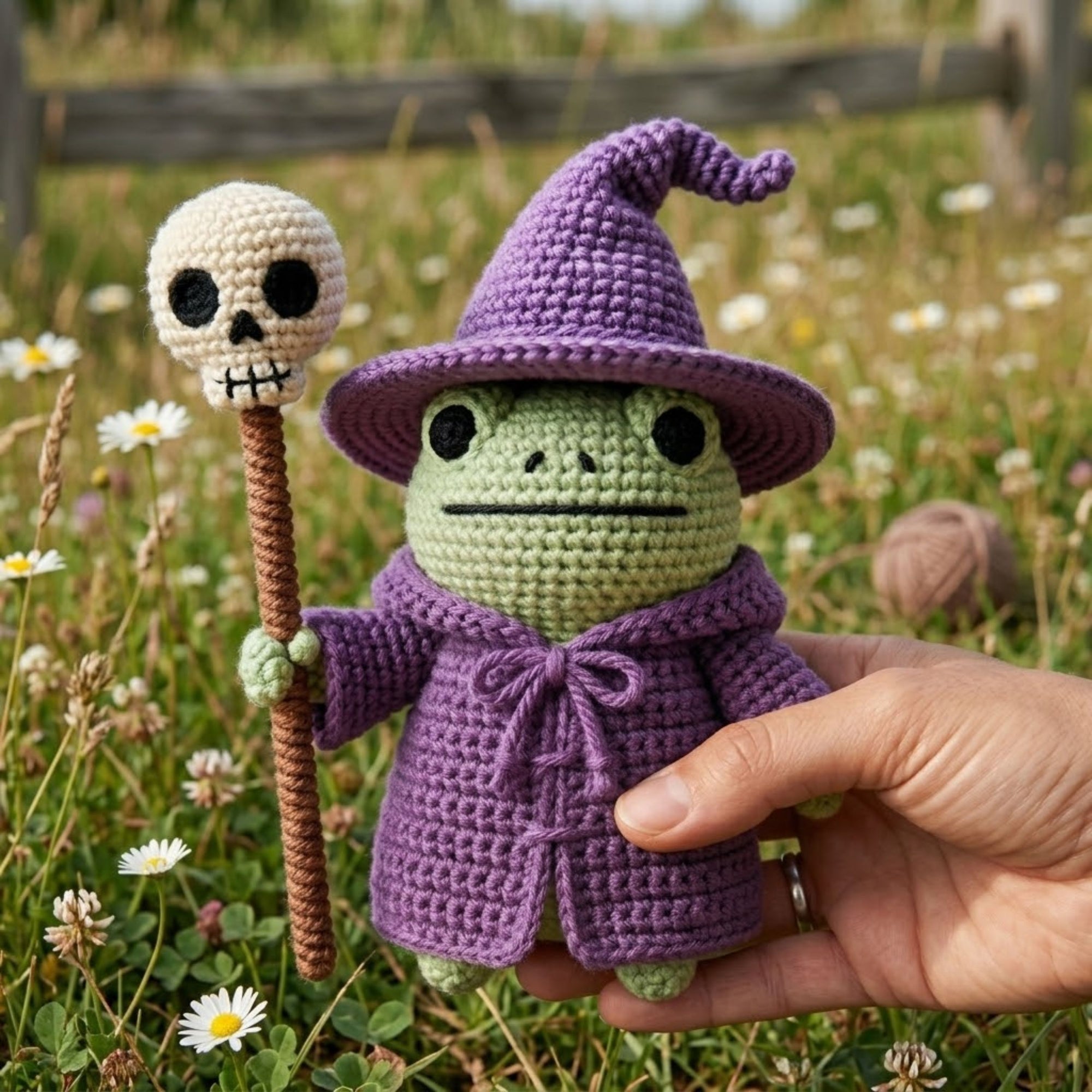 Crochet Wizard Frog Doll Handmade Amigurumi Plush with Purple Witch Hat, Cute Halloween Decor Gift, Sizes 4-12 Inches Soft Toy for Kids Room