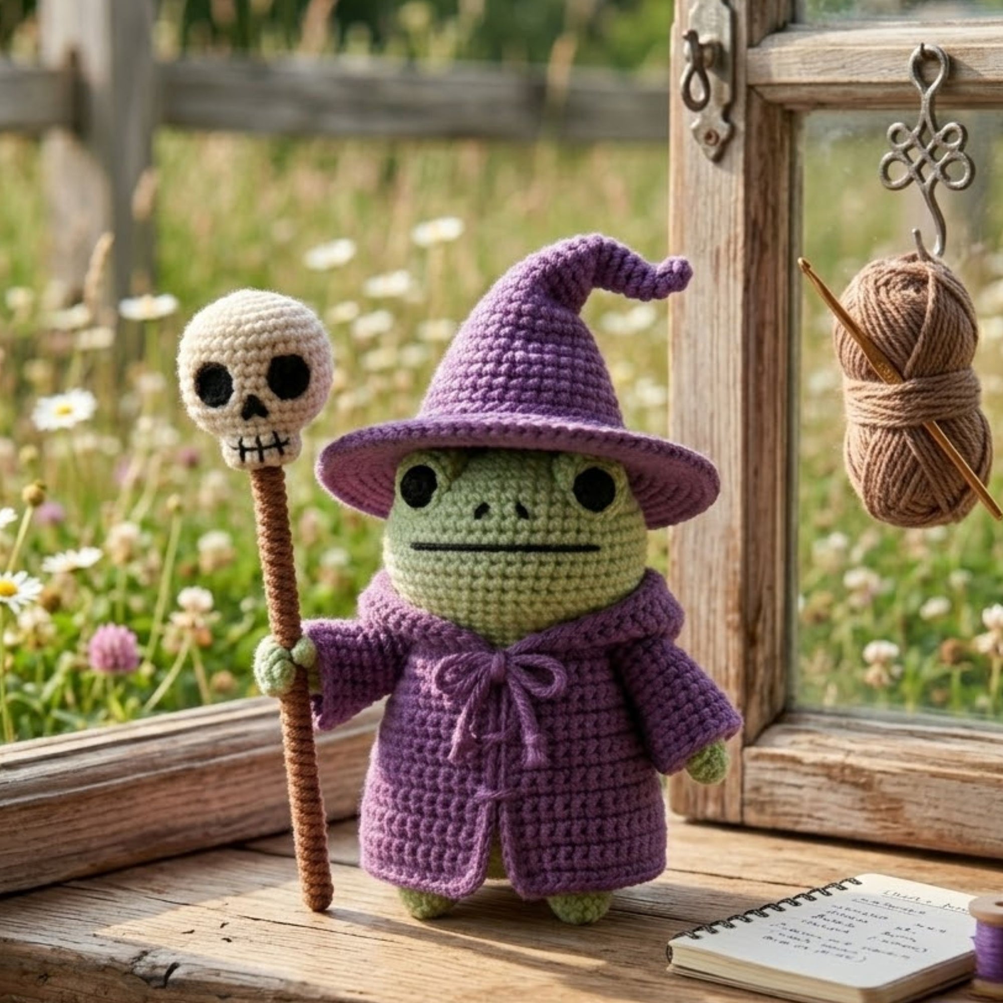 Crochet Wizard Frog Doll Handmade Amigurumi Plush with Purple Witch Hat, Cute Halloween Decor Gift, Sizes 4-12 Inches Soft Toy for Kids Room