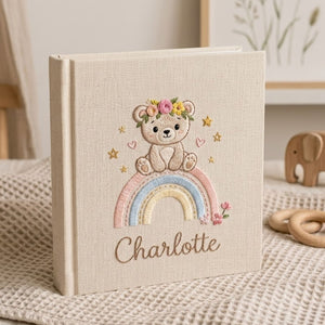 Personalized Baby Photo Album, Hand Embroidered Dinosaur Memory Book, Custom Name Keepsake, Woodland Nursery Gift, Newborn, Baby Shower Gift