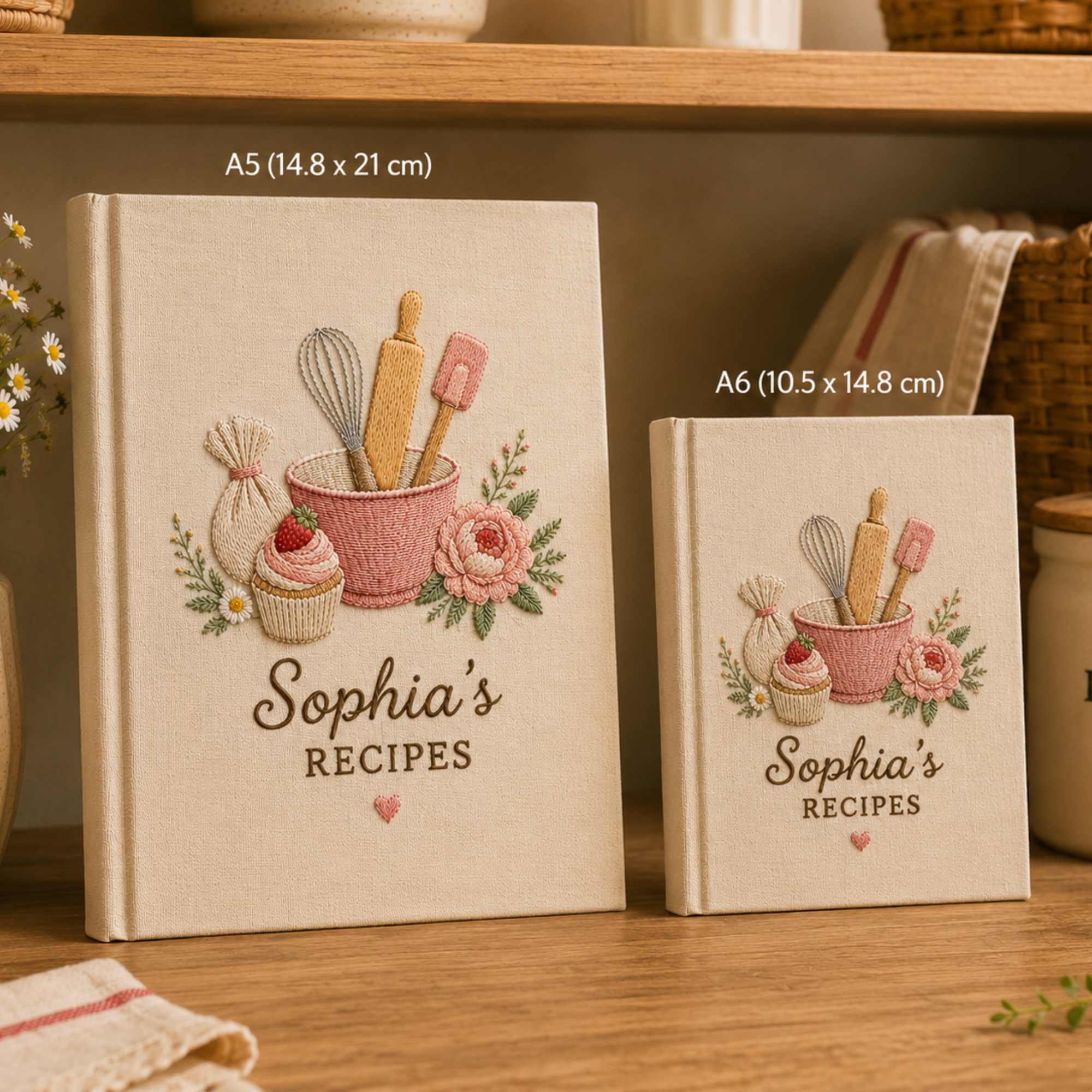 Personalized Embroidered Rustic Baking Tools Recipe Notebook, Cottagecore Baking Tools Kitchen Journal, Floral Recipe Book, Gift For Baker