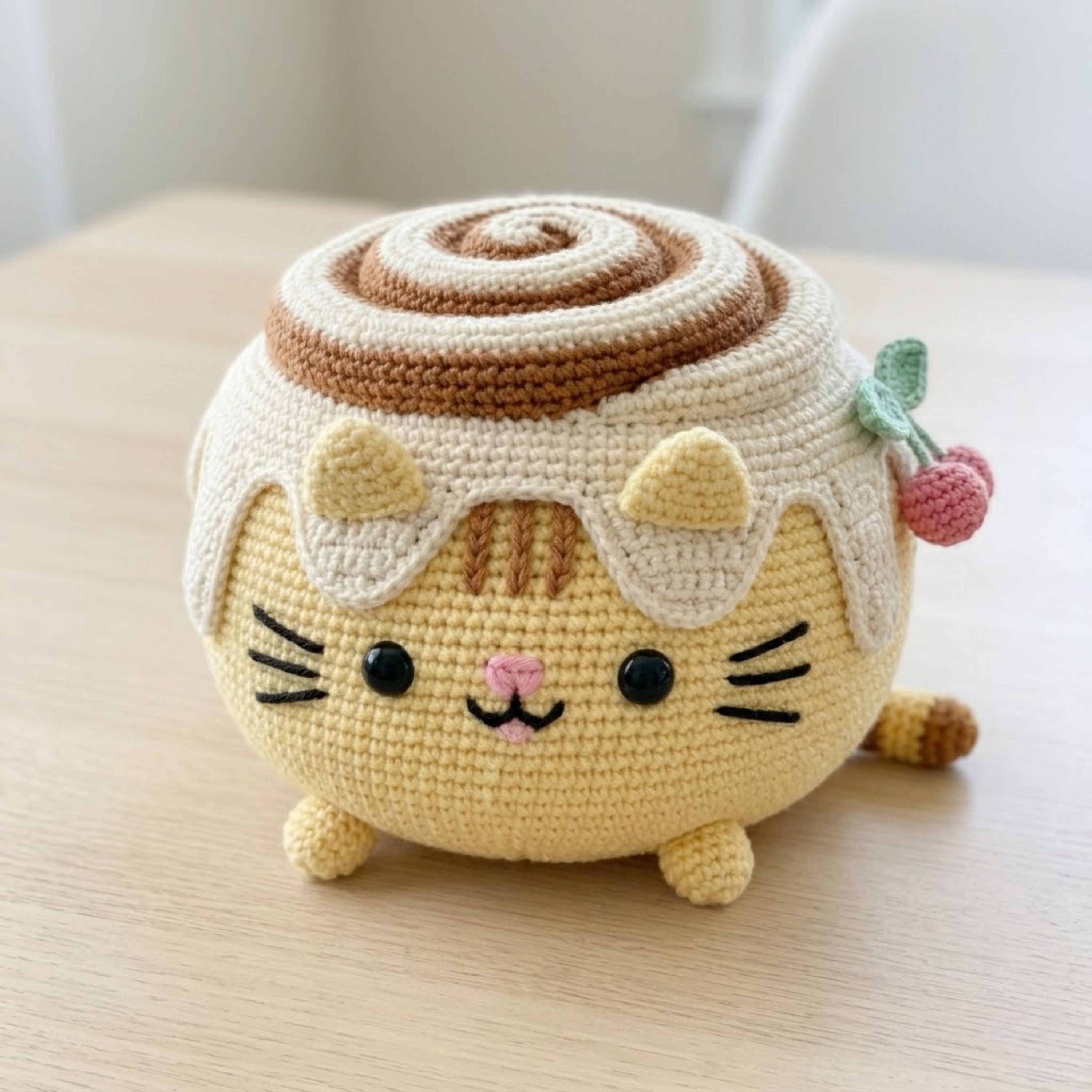 Crochet Cinnamon Roll Cat Plush, Cute Amigurumi Kitty Dessert Stuffed Animal, Kawaii Handmade Gift, Nursery Decor, 4-12 Inch, Cat Lover Gift