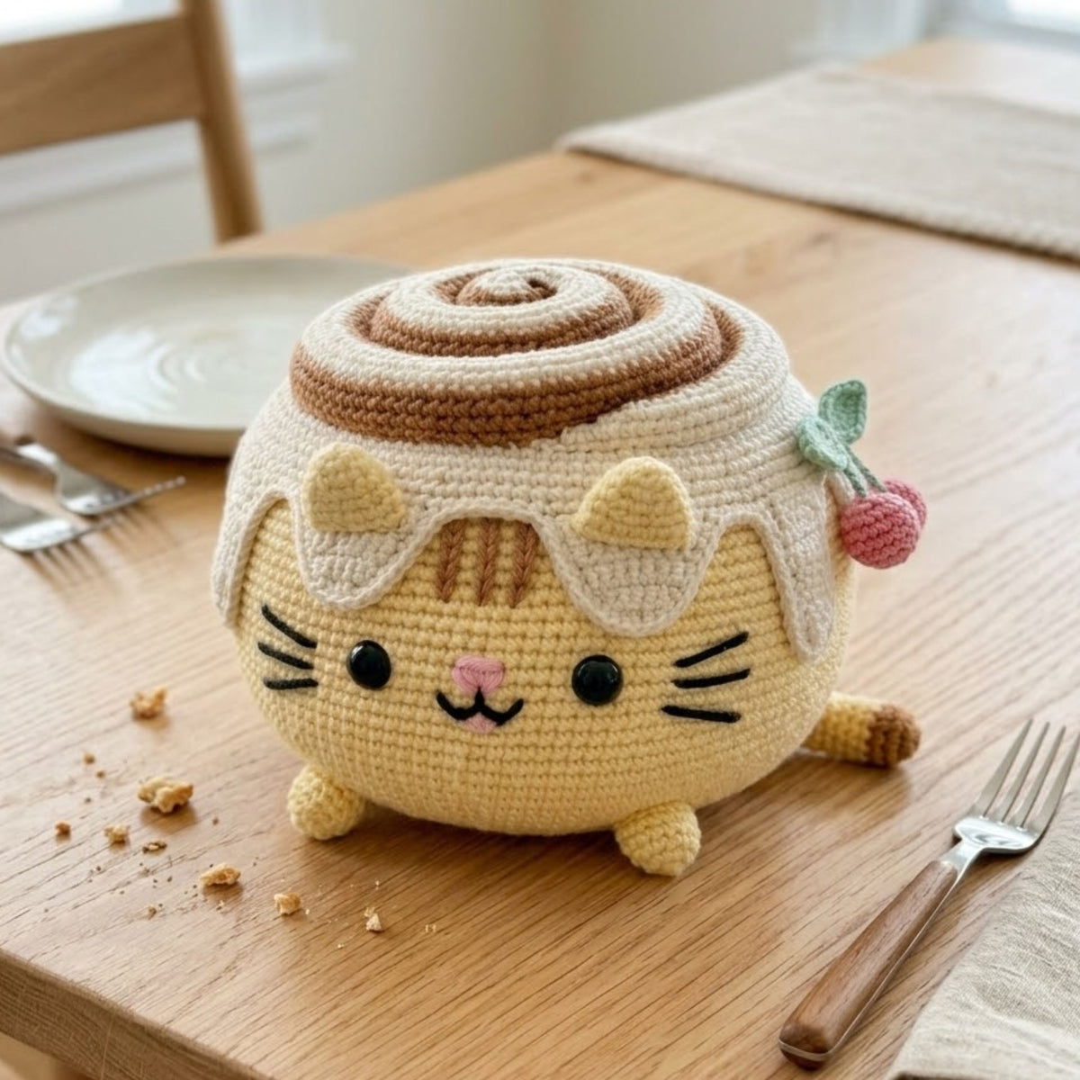 Crochet Cinnamon Roll Cat Plush, Cute Amigurumi Kitty Dessert Stuffed Animal, Kawaii Handmade Gift, Nursery Decor, 4-12 Inch, Cat Lover Gift