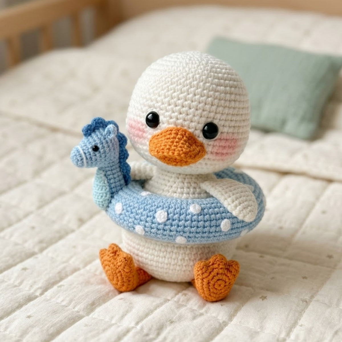 Crochet Duck Plush With Blue Seahorse Float, Cute Amigurumi Duckling Stuffed Animal, Kawaii Nursery Decor Gift, 4-12 Inch Plush Toy for Kids