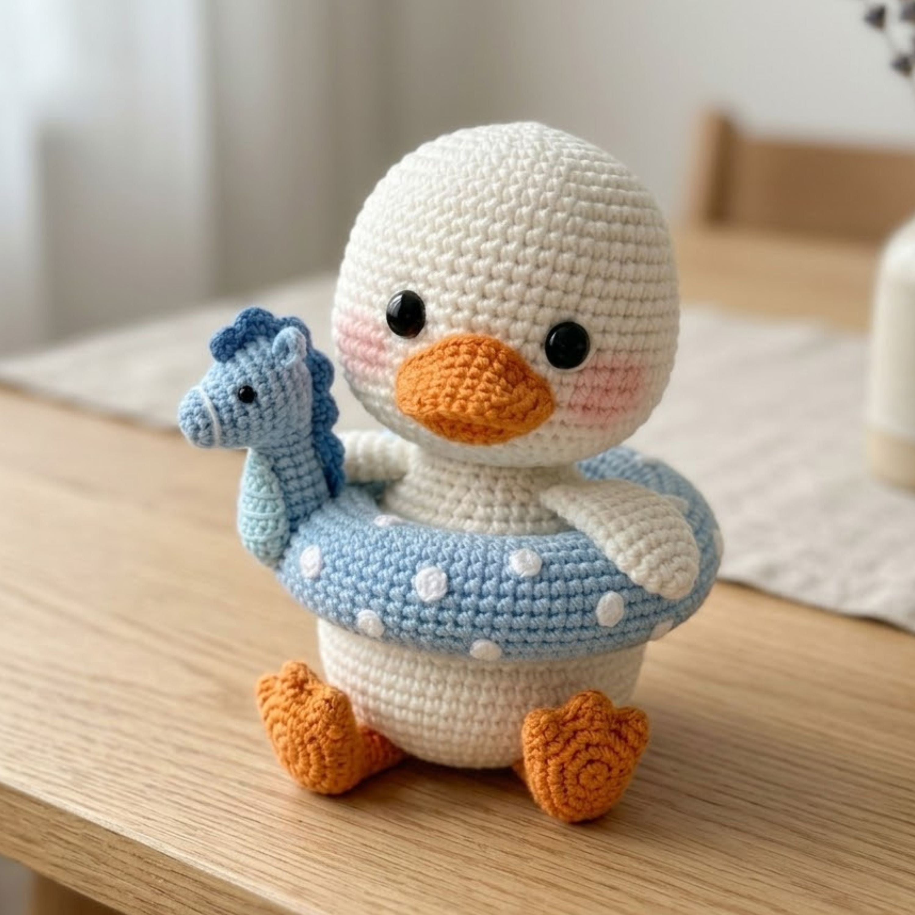 Crochet Duck Plush With Blue Seahorse Float, Cute Amigurumi Duckling Stuffed Animal, Kawaii Nursery Decor Gift, 4-12 Inch Plush Toy for Kids