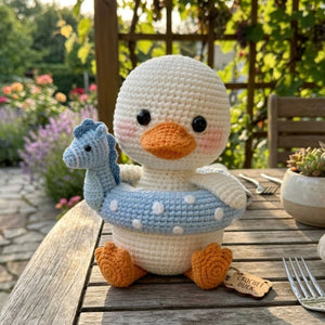 Crochet Duck Plush With Blue Seahorse Float, Cute Amigurumi Duckling Stuffed Animal, Kawaii Nursery Decor Gift, 4-12 Inch Plush Toy for Kids