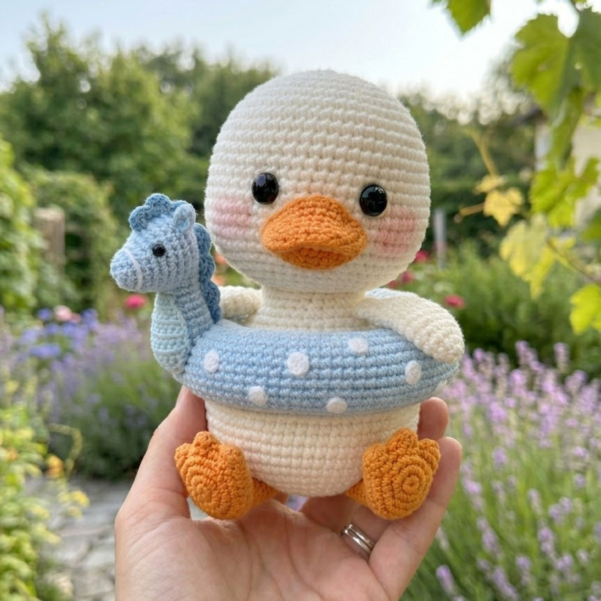 Crochet Duck Plush With Blue Seahorse Float, Cute Amigurumi Duckling Stuffed Animal, Kawaii Nursery Decor Gift, 4-12 Inch Plush Toy for Kids