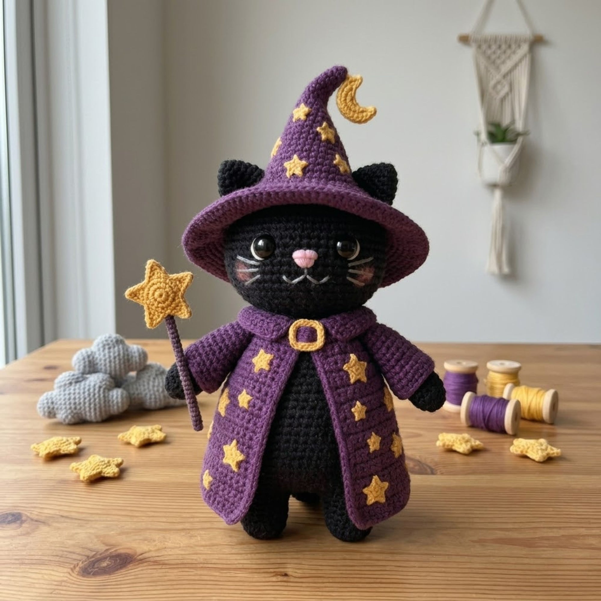 Crochet Wizard Cat Plush Black Cat Witch Amigurumi Doll, Halloween Kawaii Stuffed Animal, Magical Nursery Decor Gift, 4-12 Inch for Kids Toy