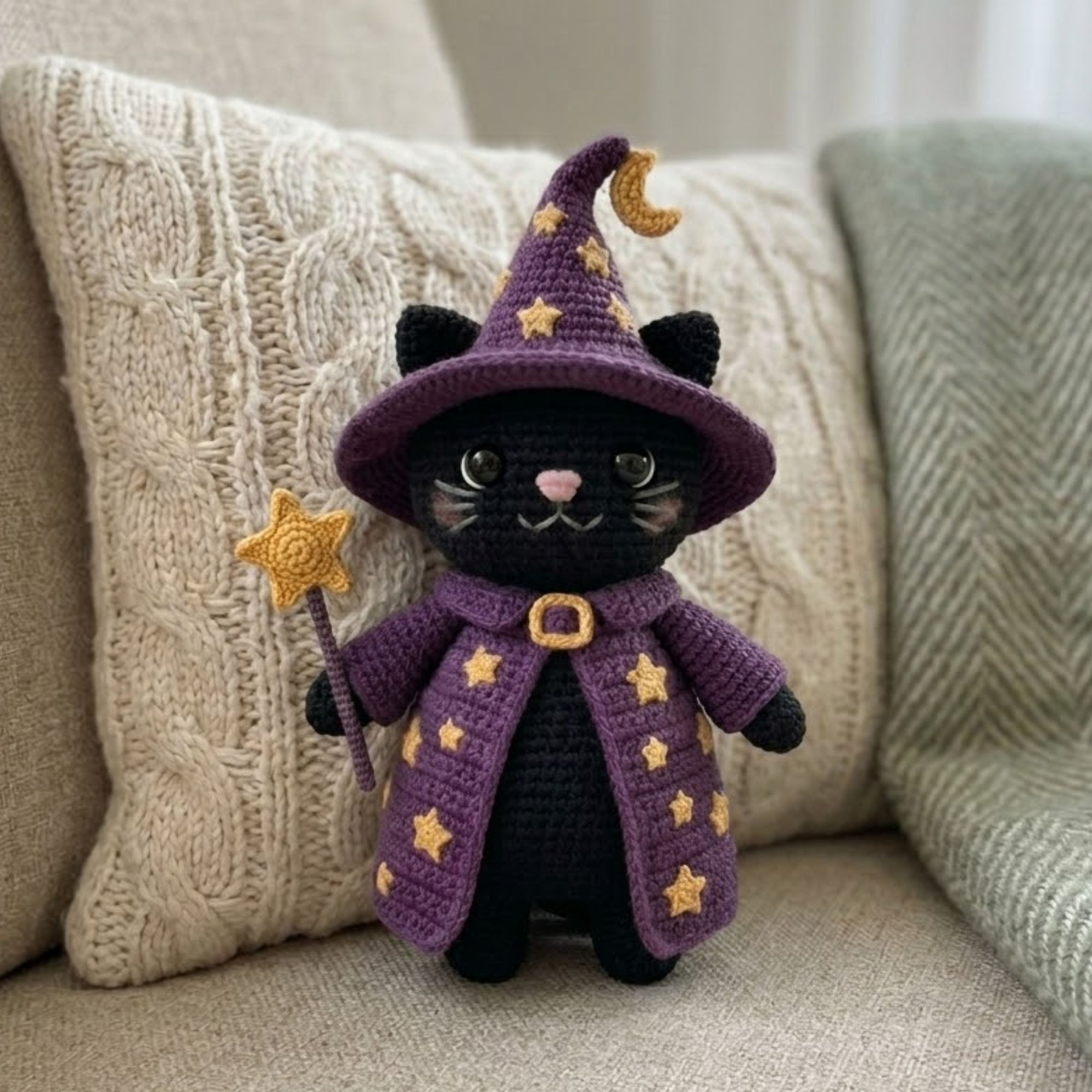 Crochet Wizard Cat Plush Black Cat Witch Amigurumi Doll, Halloween Kawaii Stuffed Animal, Magical Nursery Decor Gift, 4-12 Inch for Kids Toy
