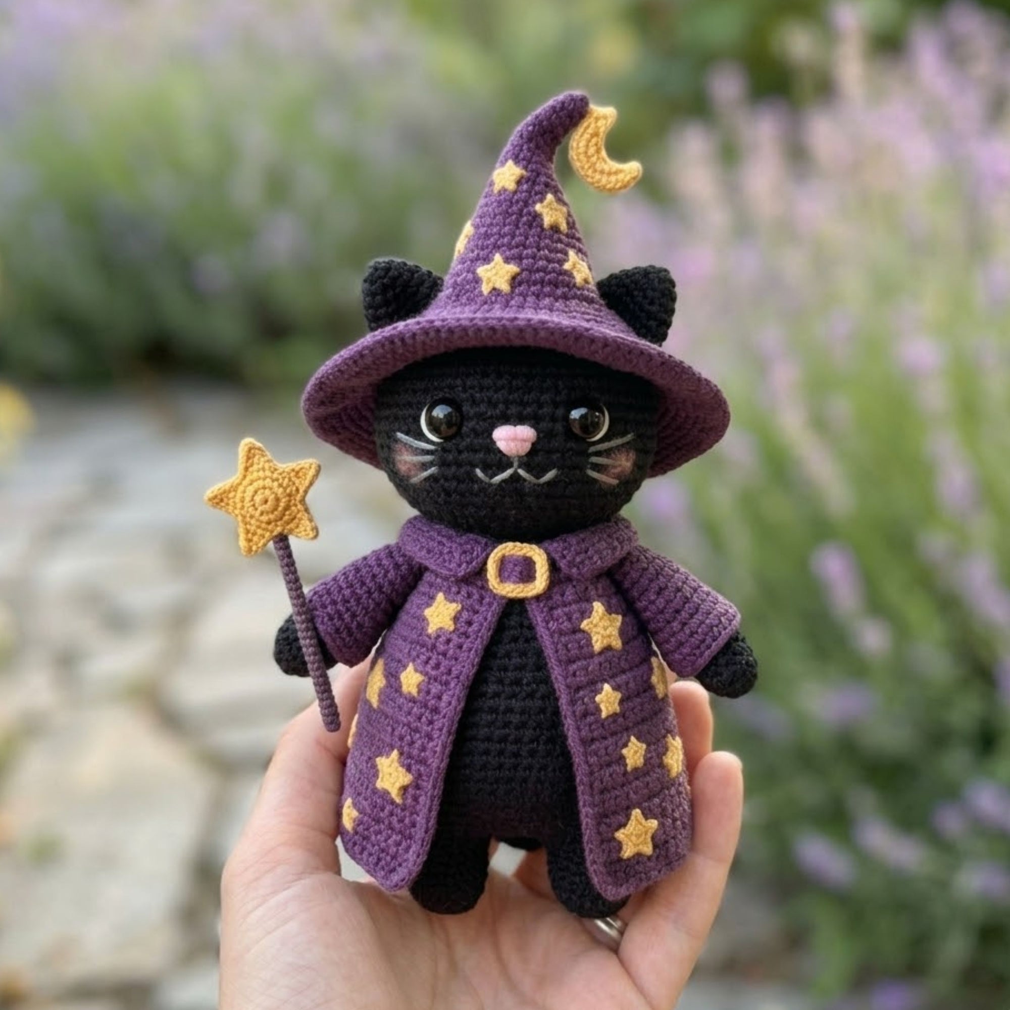 Crochet Wizard Cat Plush Black Cat Witch Amigurumi Doll, Halloween Kawaii Stuffed Animal, Magical Nursery Decor Gift, 4-12 Inch for Kids Toy