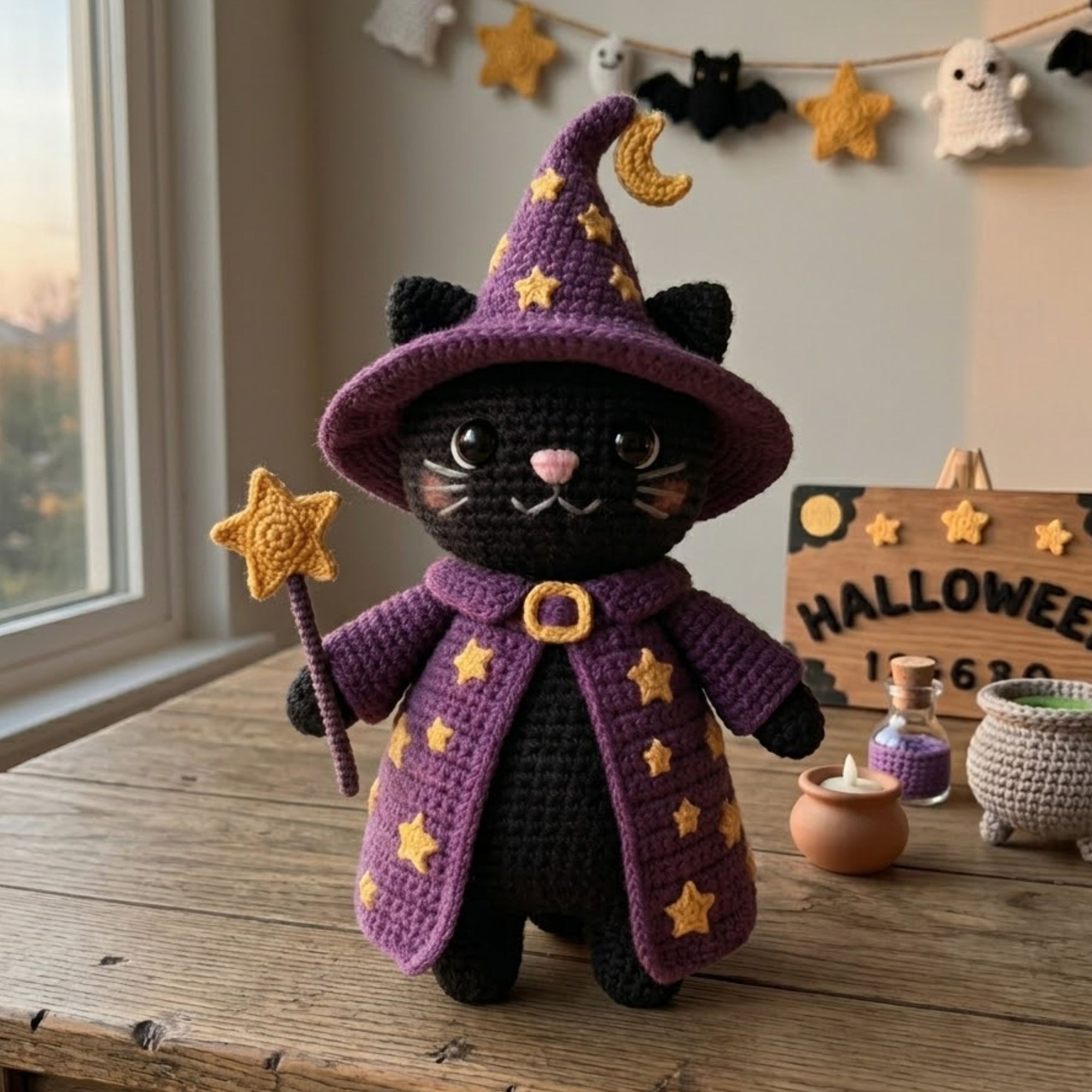 Crochet Wizard Cat Plush Black Cat Witch Amigurumi Doll, Halloween Kawaii Stuffed Animal, Magical Nursery Decor Gift, 4-12 Inch for Kids Toy