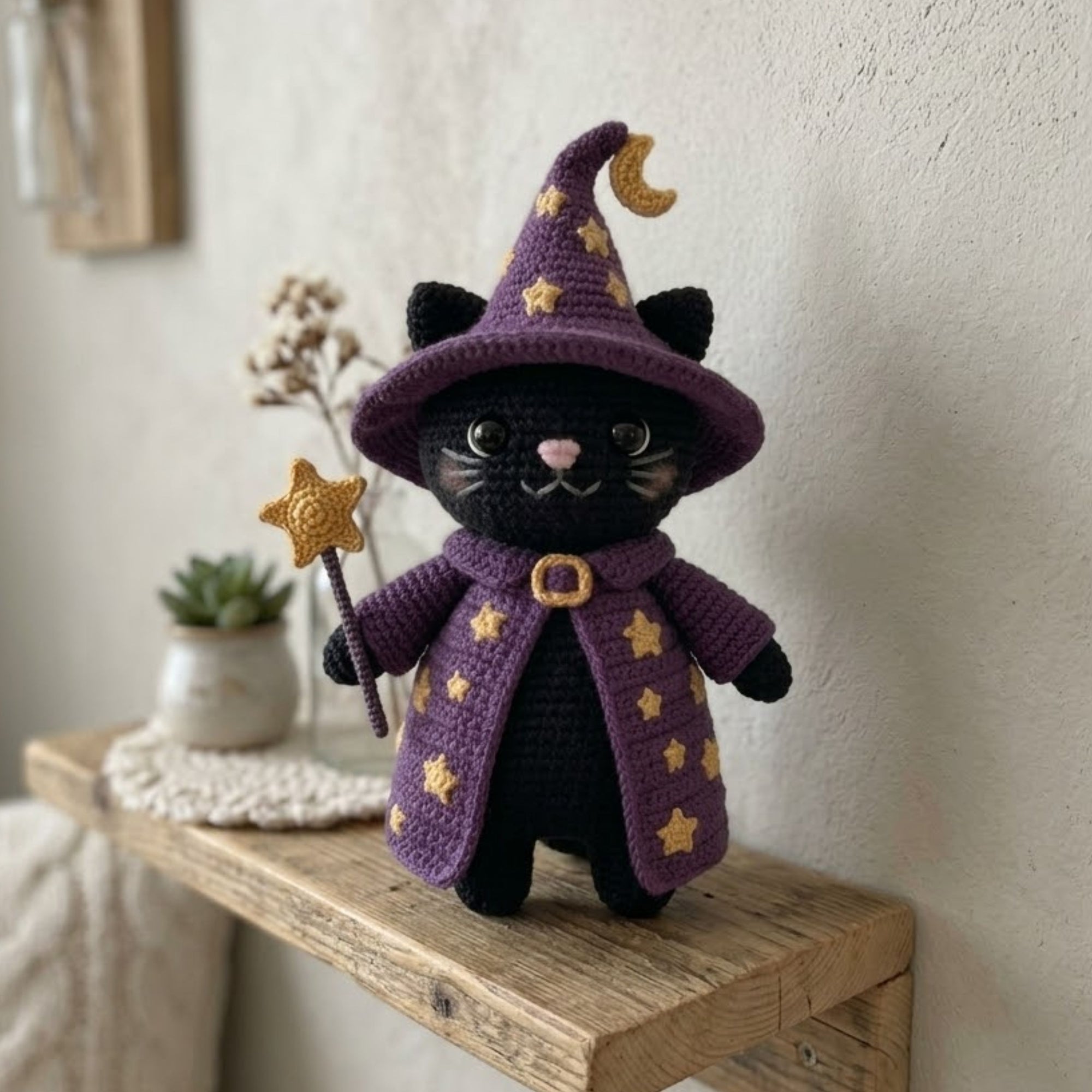 Crochet Wizard Cat Plush Black Cat Witch Amigurumi Doll, Halloween Kawaii Stuffed Animal, Magical Nursery Decor Gift, 4-12 Inch for Kids Toy