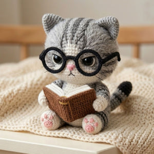Crochet Reading Cat Plush With Glasses, Cute Amigurumi Tabby Kitty Book Lover Stuffed Animal, Kawaii Nursery Decor Gifts, 4-12 Inch Kids Toy